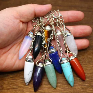 Natural Stone Bullet Hexagonal Crystal Pendulum Pendant Necklace Vintage Polished Gemstone Bullet Point Healing Stone Jewelry For Women Men Gift