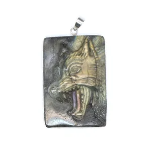 Exquisite wolf head hand carving on natural labradorite gemstone rectangular pendant