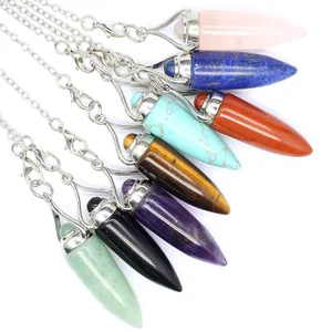 Collection of colorful bullet-shaped natural stone crystal pendulum pendants for jewelry