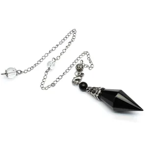 Black faceted crystal pendulum with silver chain for dowsing and spiritual healing