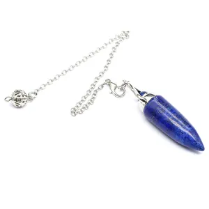 Detailed macro view of a blue lapis lazuli bullet pendant with silver chain links