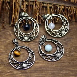 Retro Celtic Knot Round Hollow Moon Pendant Natural Amethyst Labradorite Stone Alloy Charm For Jewelry Making Men Women Accessory