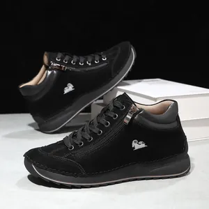 Side view of black suede women's casual shoes with zipper and handmade stitching details