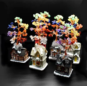 Handcrafted natural stone Chakra crystal money tree decor with miniature house base