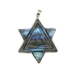 Labradorite Star of David pendant necklace featuring the All-Seeing Eye carving design.