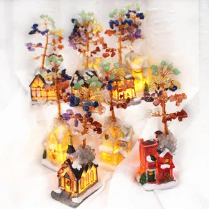 Handcrafted natural crystal chakra money tree set with glowing miniature house base