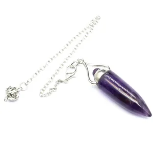 Detailed view of a purple amethyst bullet pendulum pendant with silver chain links.