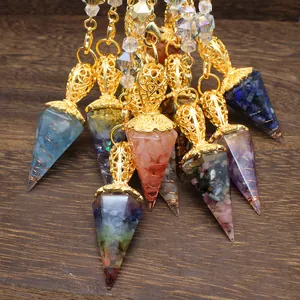 Natural Stone Hexagonal Cone Pendulum Crystal Crushed Stone Resin Pendant With Lotus Charm For Healing Meditation Decoration