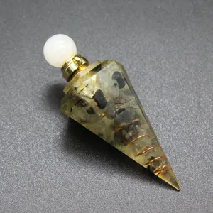 Hexagonal cone resin aromatherapy bottle with tourmaline stones and copper wire detail.