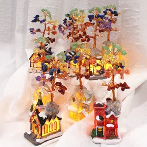 Handmade natural stone chakra trees with glowing miniature house bases for decor
