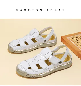 Side view of white leather woven sandals with breathable design and back strap support.