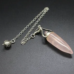 Exquisite rose quartz bullet shaped crystal pendulum pendant with a silver link chain.