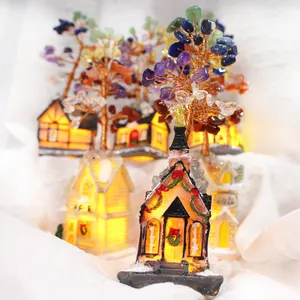 Handmade seven chakra gemstone trees and glowing decorative houses with LED lighting