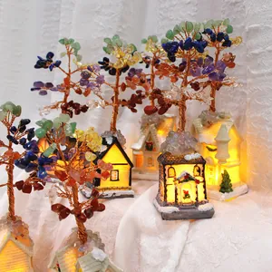 Natural Stone 7 Chakra Money Tree LED Lighted Mini House Base Hand Woven Crystal Chip Ornament For Christmas Home Decor