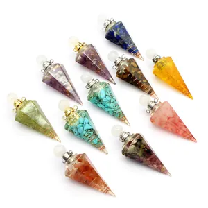 Natural Stone Resin Hexagonal Cone Orgonite Energy Pendant Necklace Tourmaline Crystal Aroma Bottle Jewelry For Women Men
