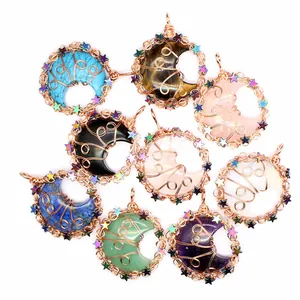 Handcrafted moon crystal pendants with colorful star wire-wrapped accents for women