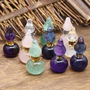 Natural Stone Crystal Gourd Perfume Bottle Pendant Necklace Amethyst Rose Quartz Fluorite Scent Bottle Jewelry For Women
