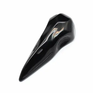 Handcrafted polished black obsidian raven skull carving for gothic crystal home decor