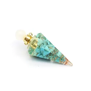 Macro view of cone resin aromatherapy bottle with turquoise chips and copper coil