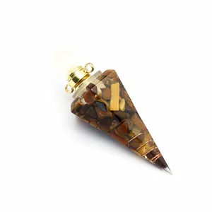 Close-up of hexagonal cone resin aromatherapy bottle featuring natural tiger eye stones.