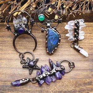 Vintage Natural Labradorite Amethyst Quartz Crystal Pendant Bohemian Handmade Wire Wrapped Star Moon Tassel Jewelry Pendant