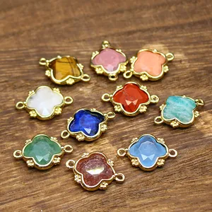 18K Gold Plated Copper Natural Stone Moonstone Flower Double Ring Pendant DIY Necklace Earring Jewelry Making Accessories
