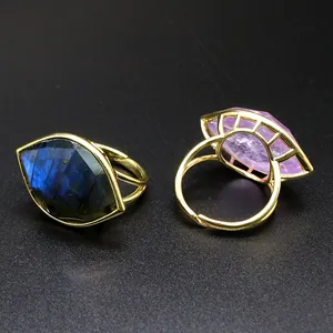 Detailed view of Eye of Horus gold rings featuring blue labradorite and purple strawberry crystal