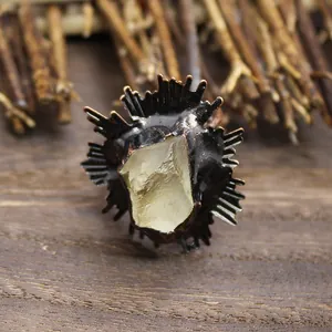 Gros plan d'une bague médiévale vintage avec cristal brut dans un cadre métallique dentelé.