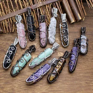 Handmade wire wrapped natural stone hexagonal crystal pendants in various gemstone colors