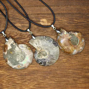 Detailed view of three natural ammonite fossil pendants on wooden background.
