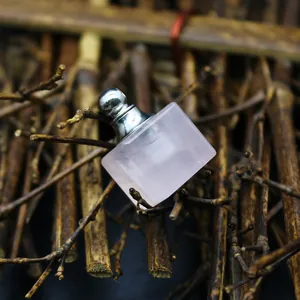 Vue détaillée d'un pendentif flacon d'huile essentielle en quartz rose carré sur branches