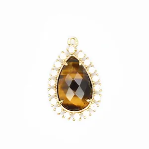 Colgante de ojo de tigre en forma de gota con halo de cristal para joyería DIY.