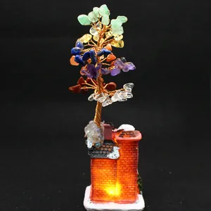 Exquisite handmade 7 chakra natural crystal money tree with warm glowing miniature house base