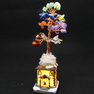 Seven chakra gemstone tree of life with glowing house base for spiritual home decor
