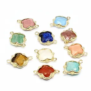 Close-up of colorful clover natural stone pendants with 18K gold-plated double loops.