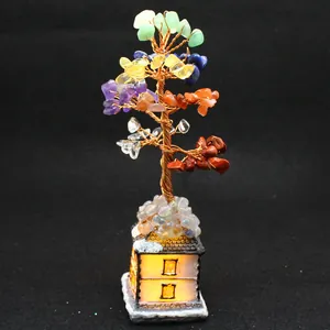 Beautiful seven chakra crystal money tree with handmade wire and glowing house base