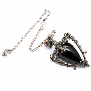 Vintage medieval style black stone pendant necklace with antique bronze frame and chain