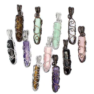 Detailed collection of natural hexagonal stone pendants with intricate copper and silver wire wrap