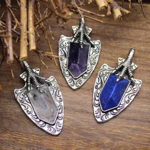 Vintage Herren Drachenkralle Schild Anhänger Halskette Naturstein Amethyst Lapislazuli Legierung Gothic Punk Schmuck Zubehör