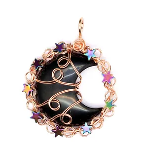 Exquisite handmade wire wrapped obsidian crescent moon pendant with colorful star charms