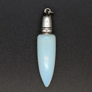 Close-up detail of a white opalite bullet pendant featuring a polished silver metallic cap