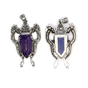 Detailed view of natural stone dragon shield pendants with amethyst and lapis lazuli stones
