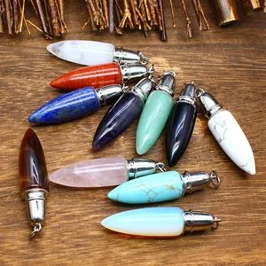 Natural Stone Bullet Pendant Necklace Charm Healing Point Crystal Amethyst Quartz Hexagonal Conical DIY Jewelry Making Accessory