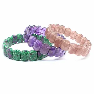 Set of faceted natural stone bracelets including amethyst and rose quartz varieties.