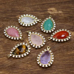 Colgantes de Piedra Natural Facetados en Forma de Gota de Agua Amuletos de Strass Micro Incrustados para Fabricación de Joyas DIY