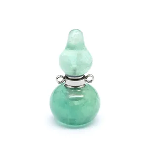 Detailed view of a natural green fluorite crystal gourd-shaped perfume bottle pendant.
