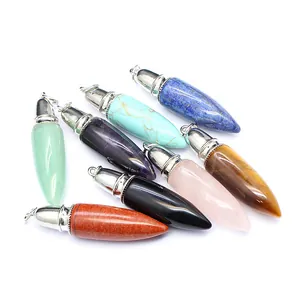 Set of natural stone bullet pendants for necklaces featuring diverse polished crystals.
