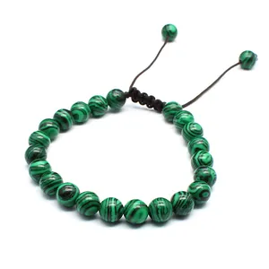 8mm green malachite pattern natural stone bead hand-woven adjustable bracelet for women