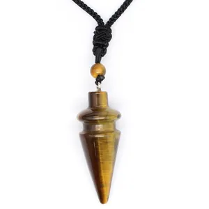 Close-up of conical Tiger Eye crystal pendant with a black braided cord necklace