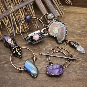 Medieval Vintage Style Ammonite Fossil Pendant Necklace Amethyst Labradorite Quartz Skull Crystal Gothic Sweater Chain Jewelry